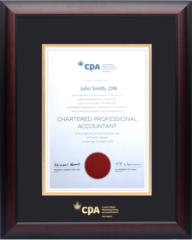 Satin mahogany wood frame with double mat board (BLK/GLD) for VERTICAL CPA Ontario designation